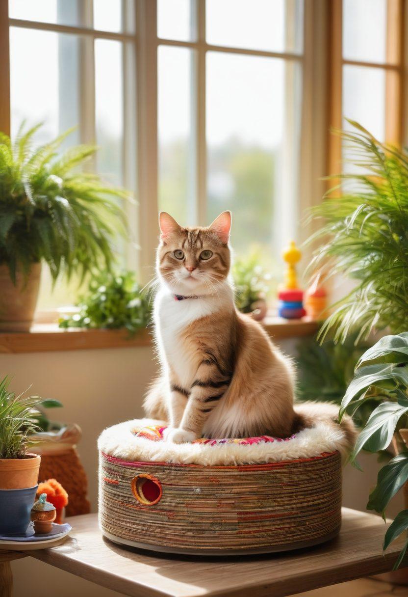 A cozy home scene featuring a fluffy tabby cat lounging on a luxurious cat tree adorned with colorful toys, surrounded by houseplants. In the background, a vibrant window showcases a sunny day, letting in warm light that highlights the cat's fur. Include playful elements like a scratching post, catnip toys, and an elegant bowl filled with gourmet cat food. The atmosphere should convey comfort and joy in feline care. super-realistic. vibrant colors. warm light.