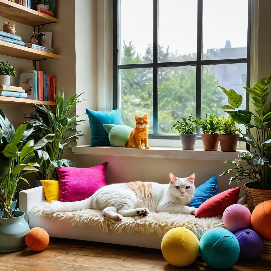 A cozy living room scene with a playful cat surrounded by colorful toys, a sunny window seat with fresh plants, and a soft cat bed. Include a happy owner engaging with the cat, using interactive tools like feather wands. Bright and cheerful colors to evoke a joyful atmosphere, emphasizing a harmonious lifestyle for both cat and owner. super-realistic. vibrant colors. warm lighting.