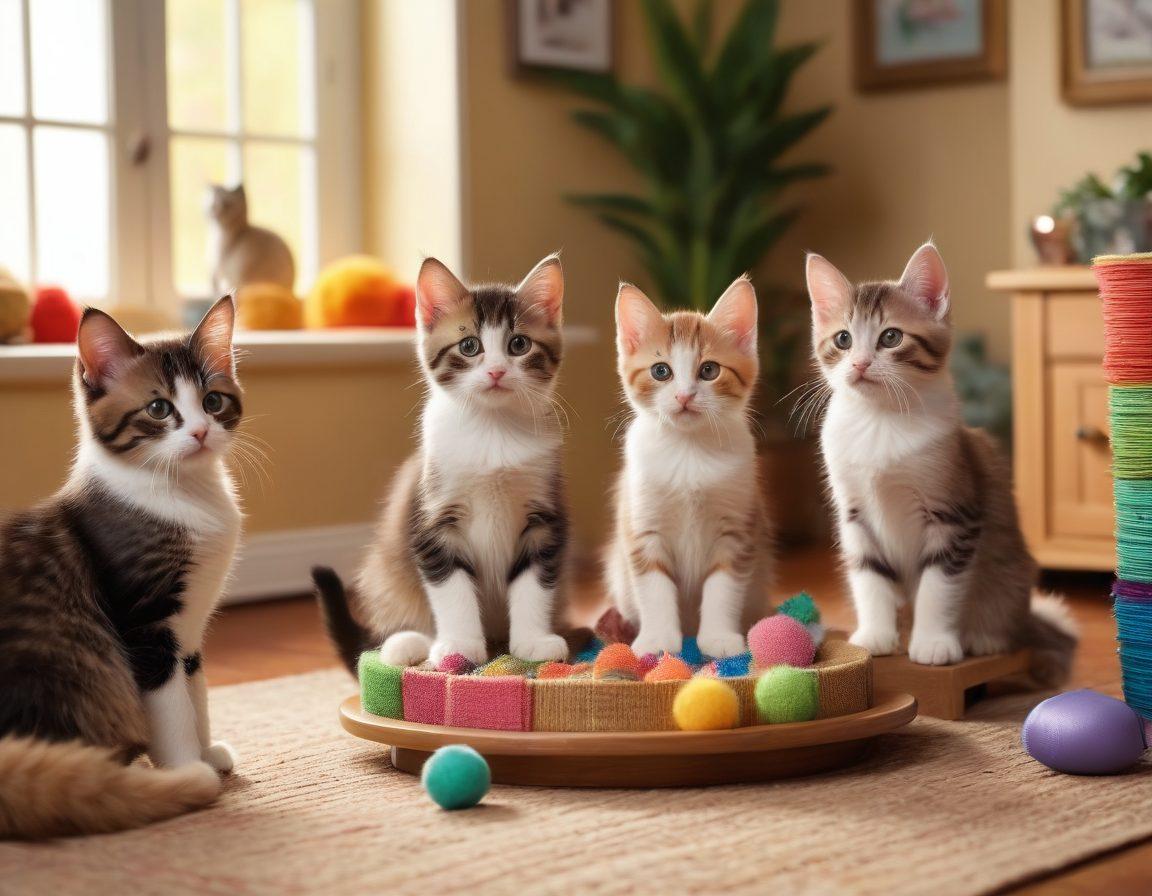 A playful scene featuring a variety of adorable kittens transitioning into elegant adult cats, each showcasing their unique personalities. The background is lively with a cozy home environment filled with colorful cat toys and scratching posts. Soft, warm lighting enhances the overall comforting atmosphere. Include subtle hints of pet care items like food bowls and grooming tools. super-realistic. vibrant colors. soft focus.